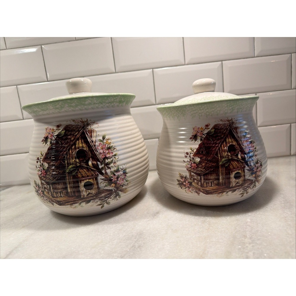 Set Of 2 Green Speckled Canisters-‎ Textured-Birdhouse W/Florals- Beautiful OLA